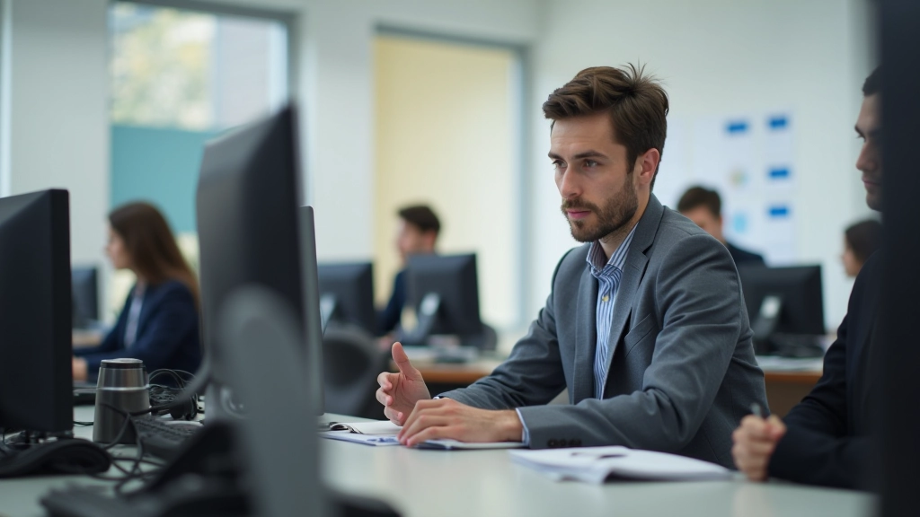 Salle de formation professionnelle moderne avec ordinateurs et matériel pédagogique, stagiaires en session d'apprentissage
